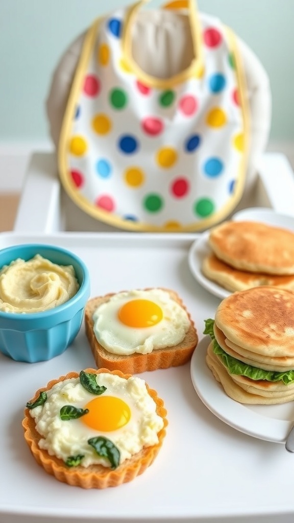 A variety of nutritious breakfast options for babies, including oatmeal, avocado toast, scrambled eggs, and pancakes.